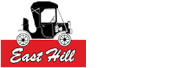 East Hill Logo on red background featuring a black old fashioned car