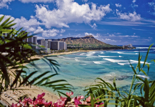ocean, beach and skyline of Honolulu