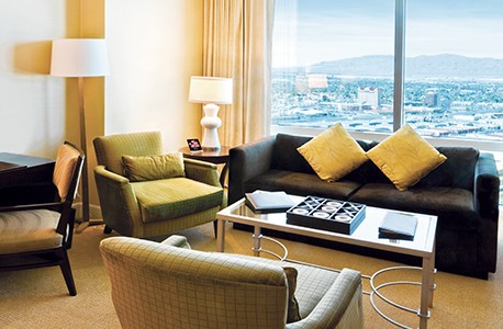 Living area in a hotel overlooking a city