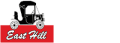 East Hill Logo on red background featuring a black old fashioned car